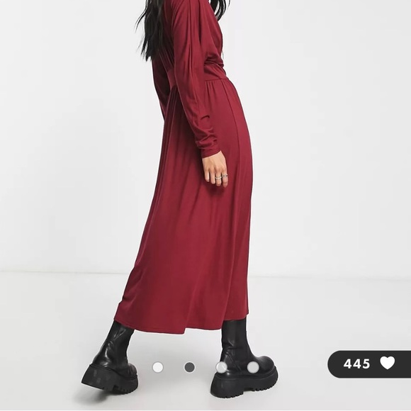 Waisted design ASOS long sleeve midi tea dress with buttons in burgundy - Picture 4 of 9